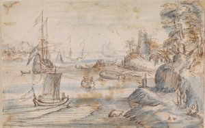 Coastal Landscape with Several Ships, a High Coast with Several Figures by Abraham Willaerts
