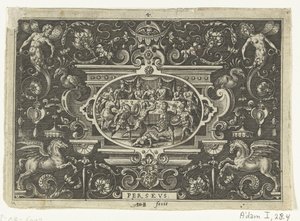 Cartouche: Phineus Disrupts the Wedding of Perseus and Andromeda (Oval Cartouches with Scenes from the Life of Perseus in Grotesque Frames) by Abraham de Bruyn