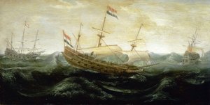A Dutch ship sailing on a very turbulent sea by Abraham de Verwer