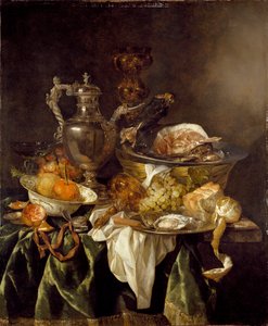Still Life with a Silver Wine-jar and a Reflected Portrait of the Artist by Abraham van Beyeren