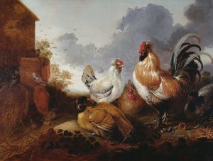 Poultry in a farmyard by Abraham van Calraet