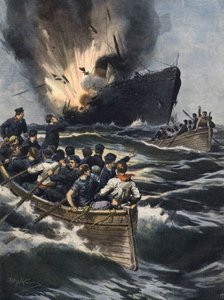 A German steamboat exploded between Sicily and the Tunisian coast. The crew had time to move away aboard boats. Illustration by Beltrame. La Domenica del Corriere. 06/1909.