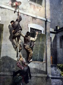 A daring escape of four inmates from Asti prison after breaking through the wall. Drawing by Beltrame by Achille Beltrame