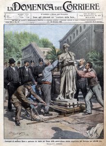 A Statue Bought by the Government at 450 Thousand Lire is Brought to Rome and Delivered to Minister Rava. Illustration by Beltrame. La Domenica del Corriere. 10/1909 by Achille Beltrame