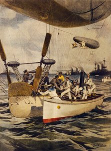 Airships Resupplying Battleships During Their Voyage (Illustration) by Achille Beltrame