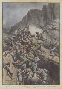 At the pass of Valle Inferno, a platoon of alpine troops, after a heroic fight, captures a trench by Achille Beltrame