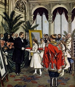 Anniversary of author of Quo Vadis?, presentation of gifts to Sinkievicz in Warsaw, illustration by Achille Beltrame, La Domenica del Corriere, No. 3, January 20 by Achille Beltrame