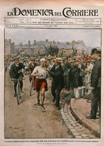 Arrival of Dorando Pietri in marathon, London Olympics, illustration by Achille Beltrame
