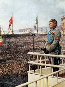 Benito Mussolini. The Duce Speaks to the People of Trieste and the World (September 1938). Illustration of Achille Beltrame for Domenica del Corriere