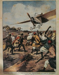 Cover illustration of Captain Moizo attempting a crash landing during the African Campaign, by Achille Beltrame, from La Domenica del Corriere, 22nd September 1912 by Achille Beltrame