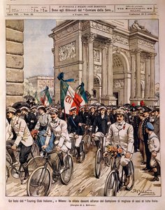 Cyclists parading by Arch of Peace, Italian Touring Club celebration in Milan, Italy, illustration by Achille Beltrame from La Domenica del Corriere, June 4 by Achille Beltrame