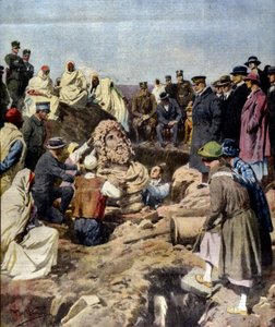 Discovery of a bust of Jupiter in Sabratha, Libya in 1925. illustration by Achille Beltrame