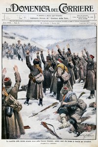 Defeat of tenth Russian army in East Prussia: Russian soldiers raising their arms in surrender, plate by Achille Beltrame from La Domenica del Corriere by Achille Beltrame