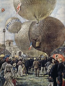 Departure of hot air balloon at Milan Air Show, illustration by Achille Beltrame from La Domenica del Corriere, June 19