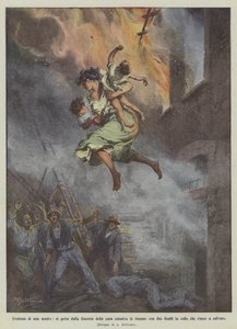 Heroism of a Mother, She Jumps from the Window of the Burning Farmhouse with Two Children in Her Arms by Achille Beltrame