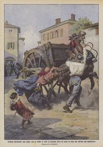 Unfortunate Heroism, a Mother with a Child in Her Arms Throws Herself Under a Moving Cart to Save a Little Girl by Achille Beltrame