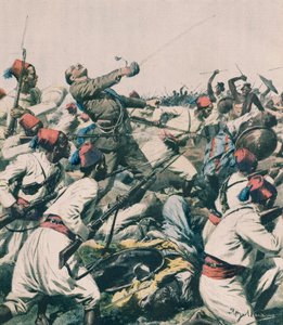Ethiopian attack on Lugh garrison and killing of Captain Bongiovanni, illustration from La Domenica del Corriere by Achille Beltrame