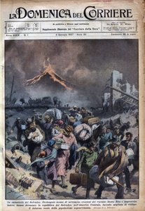 Exodus of the Population of El Salvador After the Earthquake and Eruptions of the Santa Rita Volcano. Illustration by Achille Beltrame in 