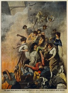 Fire in large American textile factory: workers on stairwell, illustration by Achille Beltrame, from La Domenica del Corriere, August 10