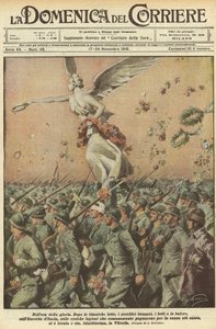 First World War 1918 - Italy in the war. Victory Day. In the hour of glory. After a titanic struggle, the immense sacrifices, the deaths, the storms, the Army of Italy, the heroic Roman legions who fought for the cause of the most holy, has lifted the Vict by Achille Beltrame