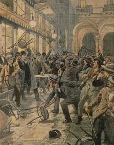 General workers strike in Milan, Riots in Galleria Vittorio Emanuele II, by Achille Beltrame, illustration, from La Domenica del Corriere by Achille Beltrame