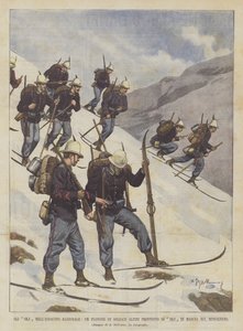 The SKJ in the National Army, A Platoon of Alpine Soldiers Equipped with SKJ Marching on Mont Cenis by Achille Beltrame