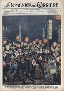 Great Parade of Tokyo Residents to Pay Tribute to Italy and Germany After the Recognition of the New Manchukuo State. Illustration by Achille Beltrame in 