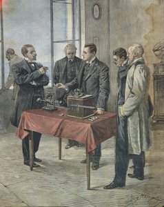 Guglielmo Marconi testing the wireless telegraphy across the English Channel, illustration from La Domenica del Corriere, April 22
