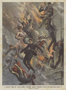 The Dramatic Fire of the Parisian Store in Budapest, Employees and Shoppers Throw Themselves From the Windows by Achille Beltrame