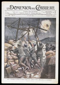 Italian soldiers putting Frisian horse on trench, plate by Achille Beltrame for Domenica del Corriere, 2-9 April 1916, First World War, Italy, 20th century