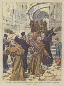 The Tragicomic Brawl Between Greek Monks and Franciscans Near the Holy Sepulchre in Jerusalem by Achille Beltrame