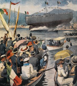 Launching of battleship Andrea Doria from Arsenale in La Spezia, panel by Achille Beltrame, La Domenica del Corriere, April 6 by Achille Beltrame