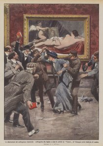 The Aberrations of Female Suffrage, Suffragette Cuts the Venus with Knife Blows by Achille Beltrame