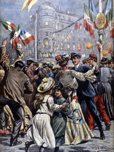 The sovereigns of Italy in Paris: the popular balls in the streets. Illustration by Beltrame. La Domenica del Corriere. 1903.
