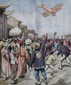 Lieutenant Arturo Ferrarin, participant in Rome-Tokyo raid, arriving appearing over sky of Shanghai, illustration by Achille Beltrame from La Domenica del Corriere, May 16 by Achille Beltrame