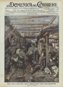 As an enemy attack is outlined, reinforcements rush from shelters and run to take positions in the trenches by Achille Beltrame