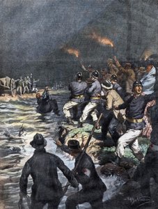Miraculous rescue of carters blocked on an island on the river Serio near Bergamo - Illustration of Beltrame in La Domenica del Corriere 10/1909 by Achille Beltrame
