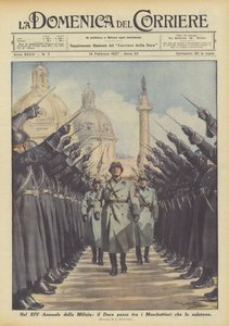 On the XIV Anniversary of the Militia, the Duce Passes Among the Musketeers Who Salute Him by Achille Beltrame