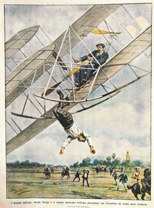 Orville Wright and Lieutenant Seliridge plunging with biplane from thirty meters, illustration by Achille Beltrame from La Domenica del Corriere, October 11 by Achille Beltrame