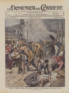 Unknown heroes, brave men who rescue people from the burning sulfur mine of Casteltermini by Achille Beltrame