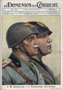 Profiles of King Vittorio Emanuele III and Duce Benito Mussolini, Founder of the Empire, in the Way of Roman Emperors. Illustration of Achille Beltrame in 