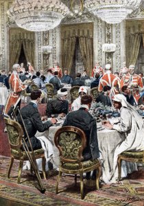 Queen of Italy Helena (Elena) of Montenegro hosted 140 war-mutilated victims of the Quirinale Hospital at a sumptuous banquet. The guests had lunch with the sovereigns, the princes, the Duke of Genoa, the Duchess of Aosta and General Diaz. Illustration by 