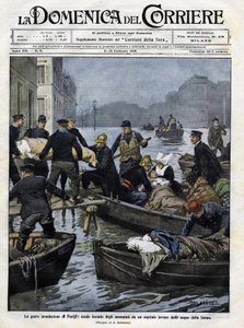 Rescue of the sick in Paris during the February 1910 floods. Cover of the Domenica del Corriere. 13 February 1910 illustration by Achille Beltrame