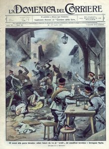 Second Balkan War (1913) between Bulgaria and Greece and Turkey: Bulgarian soldiers set fire and destroy Nigrita in Greece. Illustration of Beltrame.