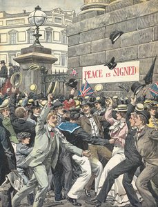 Second Boer War. Announcement of the End of the War in the Streets of London. Illustration by Antonio Beltrame. La Domenica del Corriere by Achille Beltrame