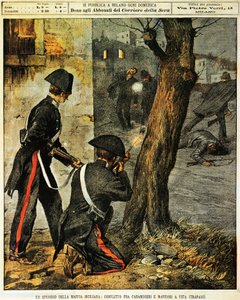 Sicilian mafia event, Fighting between carabinieri and mafia gangsters in Trapani, illustration by Achille Beltrame, from La Domenica del Corriere, 31st December 1899 by Achille Beltrame