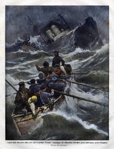 Sinking of an Italian boat off Tuscany in 1910. illustration by Achilles Beltrame