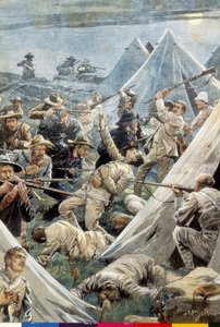 South Africa. Second Boer War. Attack to the English camp of Tweefontein (1902). Illustration by Achille Beltrame