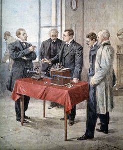 The experiences of Guglielmo Marconi (1874 - 1937) in 1899: Wireless Telegraphy across the Channel. Illustration by Achille Beltrame in Domenica del Corriere