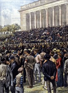 The general strike in Milan: thousands of workers gathered at the Arena. Illustration by A. Beltrame. La Domenica del Corriere